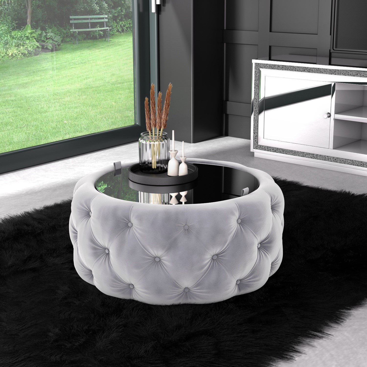 Silver Grey Velvet Ottoman Coffee Table with Mirrored Top Clio