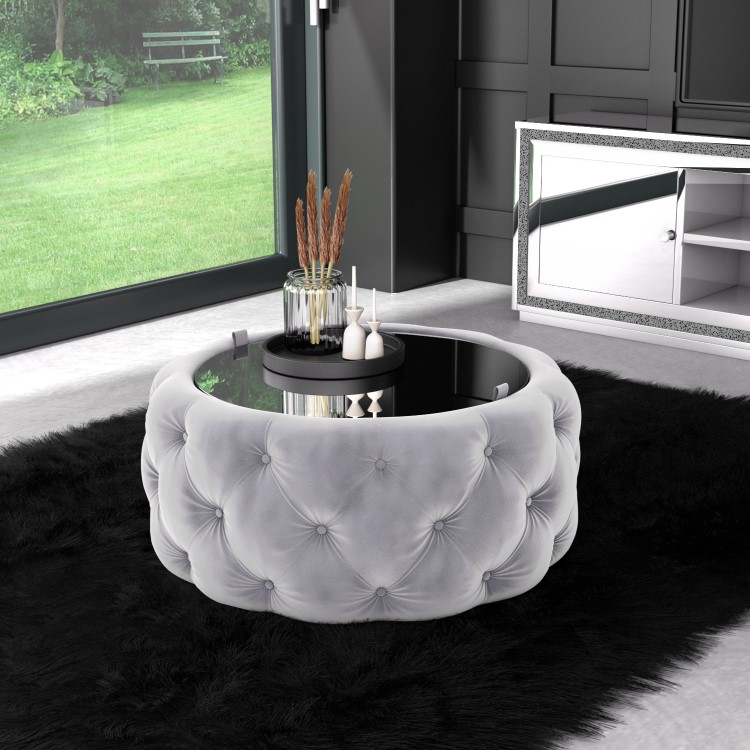 Silver Grey Velvet Ottoman Coffee Table with Mirrored Top - Clio