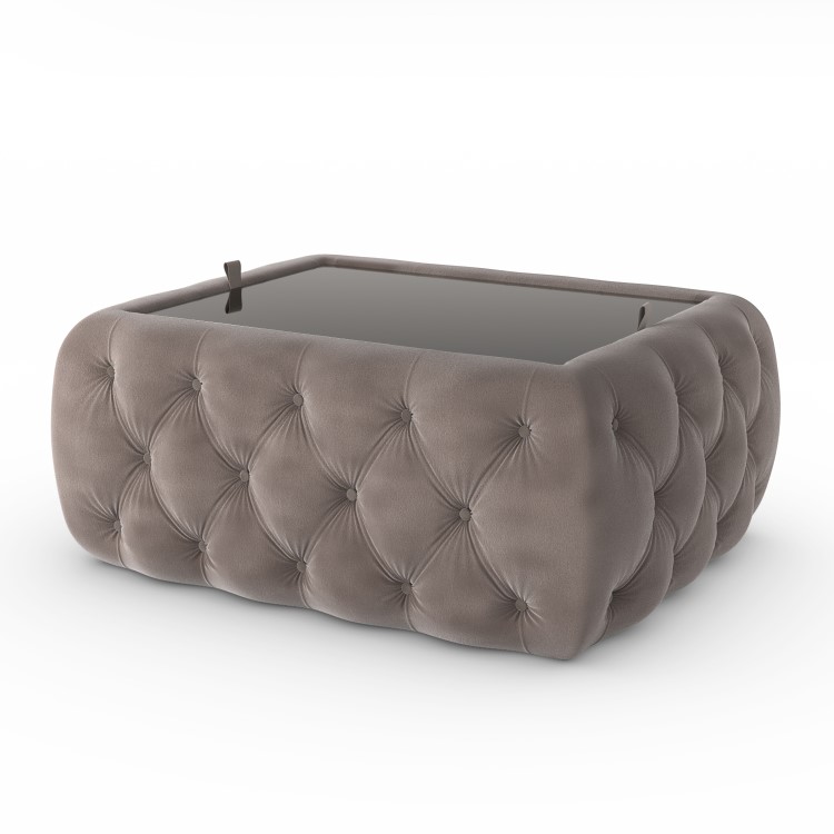 Small Taupe Velvet Ottoman Coffee Table with Glass Top - Clio