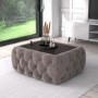 Small Taupe Velvet Ottoman Coffee Table with Glass Top - Clio