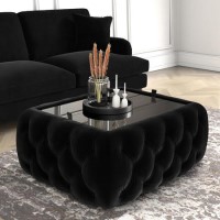 Black Velvet Ottoman Coffee Table with Glass Top - Clio