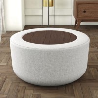 Round Beige Upholstered Coffee Table with Storage - Clio Round Beige Upholstered Coffee Table with Storage - Clio