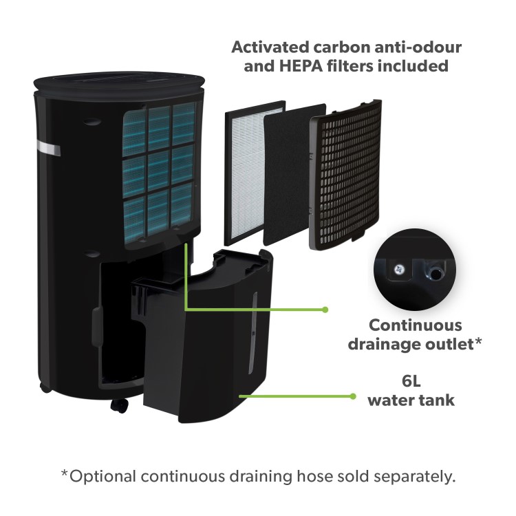 Refurbished electriQ 20 Litre Black Low Energy UV Antibacterial Dehumidifier with HEPA Air Purifier