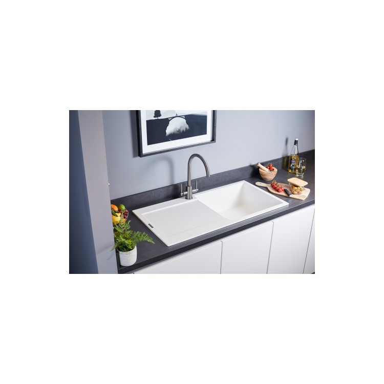 Single Bowl Inset White Granite Kitchen Sink with Reversible Drainer - Essence