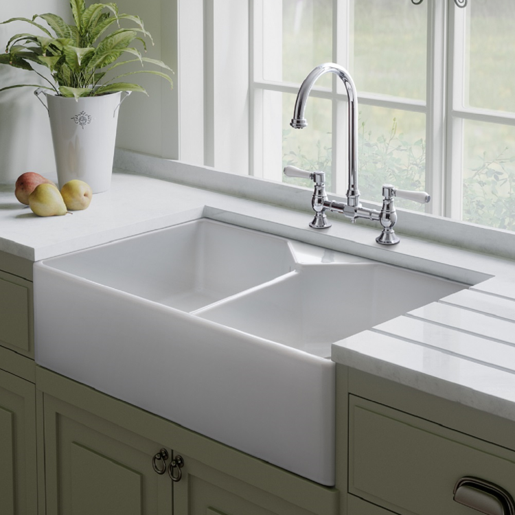 Rangemaster Belfast Double Bowl White Ceramic Kitchen Sink