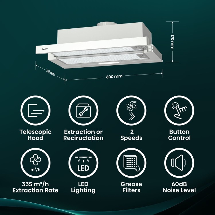 Hisense 60cm Telescopic Canopy Cooker Hood - Stainless Steel