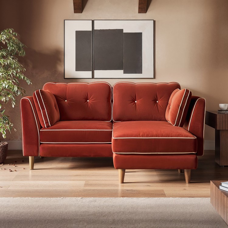 Burnt Orange Velvet Piped 3 Seater Chaise Corner Sofa - Cohen