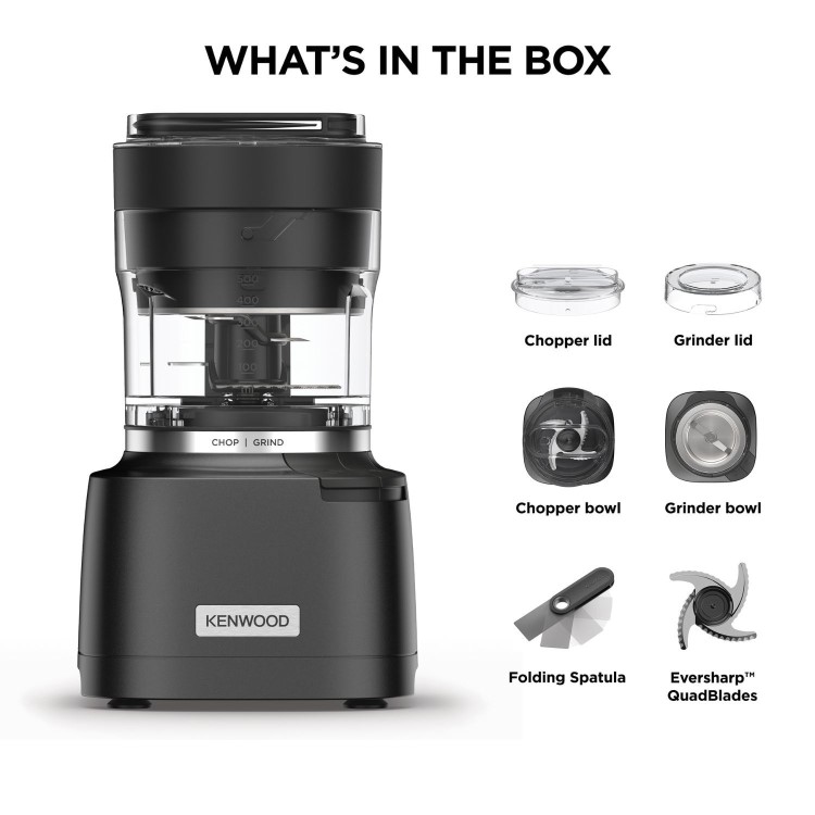 Kenwood CHP80.000BK Duo Prep 2-in-1 Electric Food Chopper & Grinder – 800W Mini Food Processor with QuadBlade Spice & Coffee Grinder Black