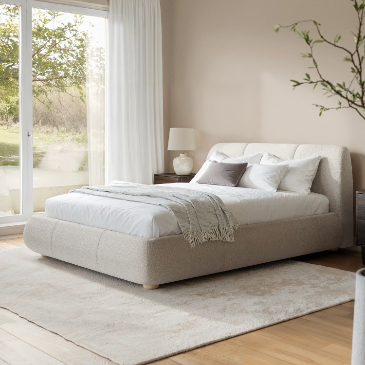 ONLY OPENED - Beige Boucle King Size Side-Lift Ottoman Bed with Cushioned Headboard - Ciara