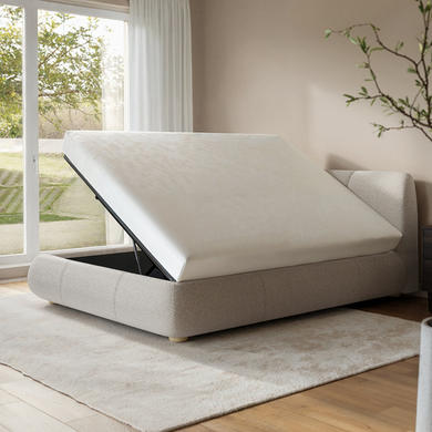 ONLY OPENED - Beige Boucle King Size Side-Lift Ottoman Bed with Cushioned Headboard - Ciara