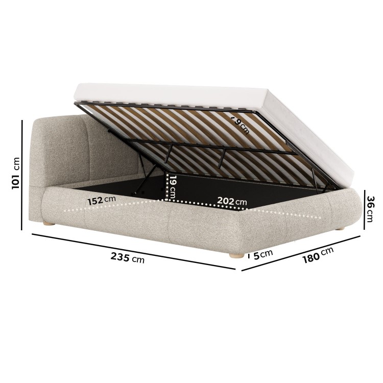 ONLY OPENED - Beige Boucle King Size Side-Lift Ottoman Bed with Cushioned Headboard - Ciara