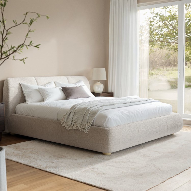 Beige Boucle Super King Side-Lift Ottoman Bed with Cushioned Headboard - Ciara