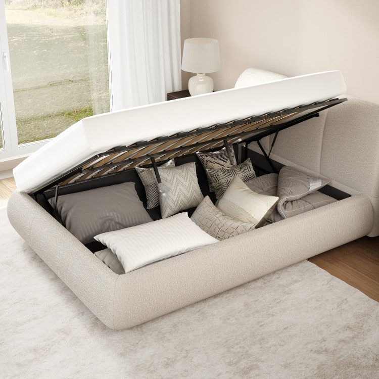Beige Boucle Super King Side-Lift Ottoman Bed with Cushioned Headboard - Ciara