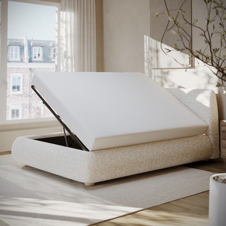 Cream Jacquard Fabric Double Side-Lift Ottoman Bed with Cushioned Headboard - Ciara