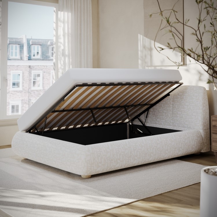 Cream Jacquard Fabric Double Side-Lift Ottoman Bed with Cushioned Headboard - Ciara