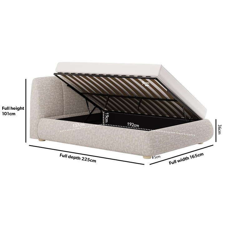 Cream Jacquard Fabric Double Side-Lift Ottoman Bed with Cushioned Headboard - Ciara