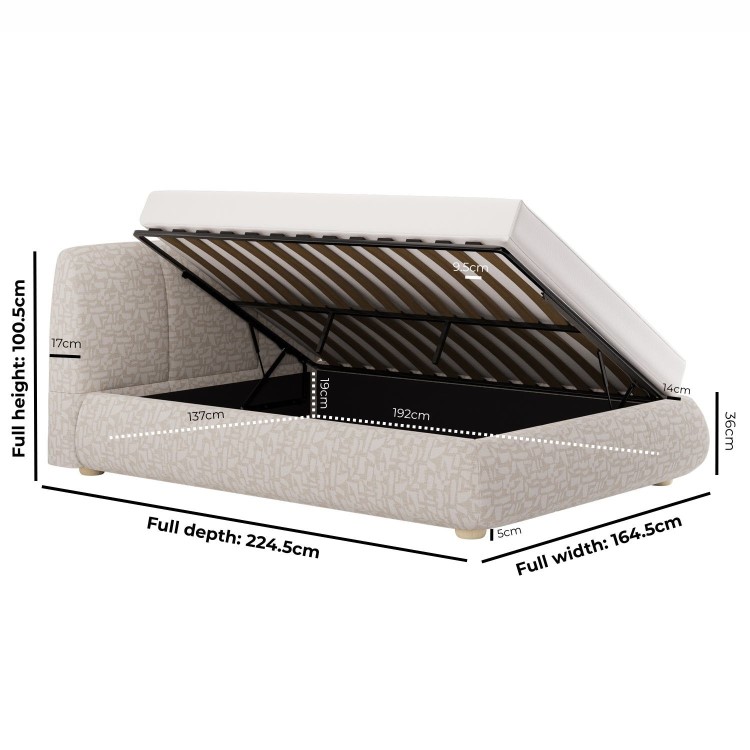 Cream Jacquard Fabric Double Side-Lift Ottoman Bed with Cushioned Headboard - Ciara