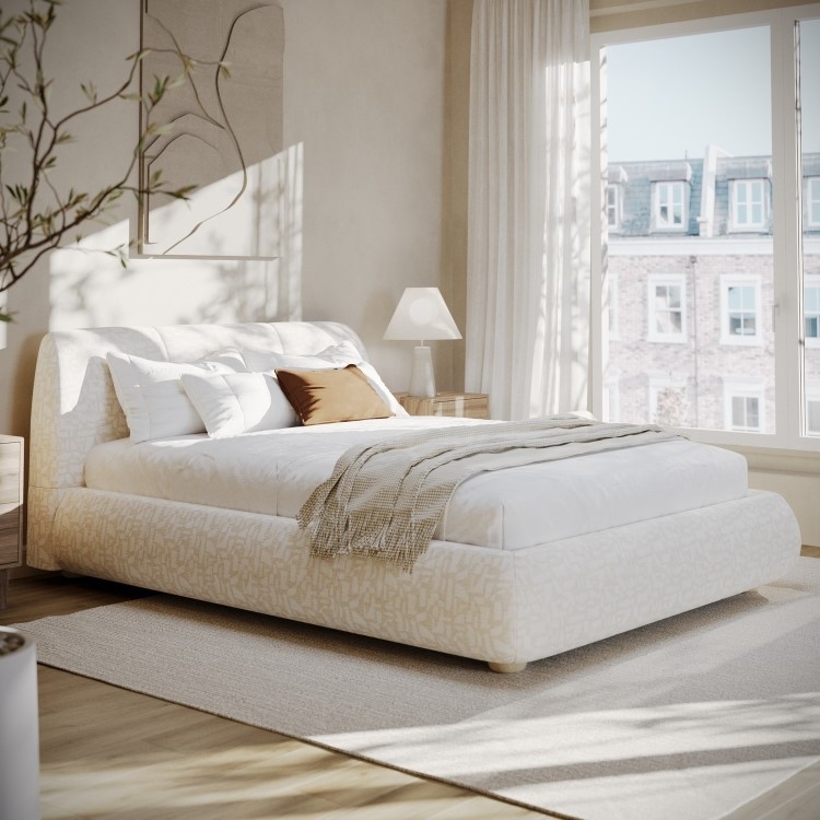 Cream Jacquard Fabric King Side-Lift Ottoman Bed with Cushioned Headboard - Ciara