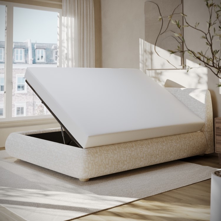 Cream Jacquard Fabric King Side-Lift Ottoman Bed with Cushioned Headboard - Ciara