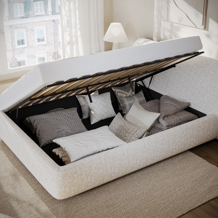 Cream Jacquard Fabric King Side-Lift Ottoman Bed with Cushioned Headboard - Ciara