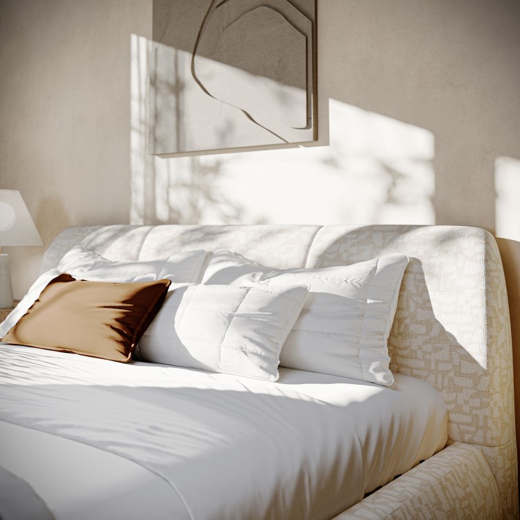 Cream Jacquard Fabric King Side-Lift Ottoman Bed with Cushioned Headboard - Ciara