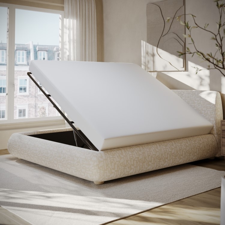 Cream Jacquard Fabric Super King Side-Lift Ottoman Bed with Cushioned Headboard - Ciara