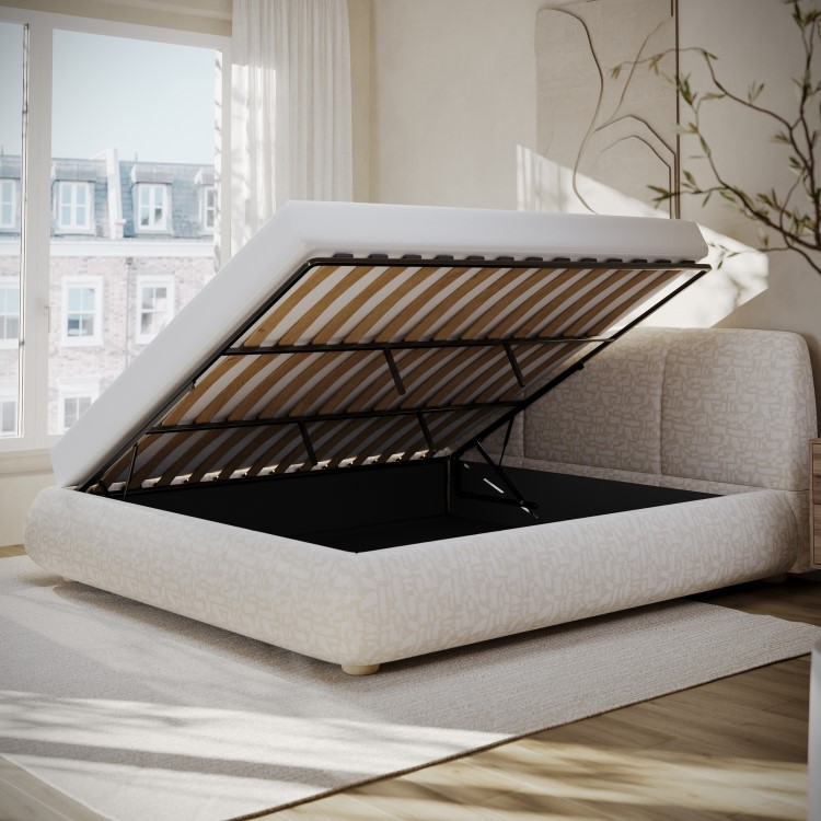 Cream Jacquard Fabric Super King Side-Lift Ottoman Bed with Cushioned Headboard - Ciara