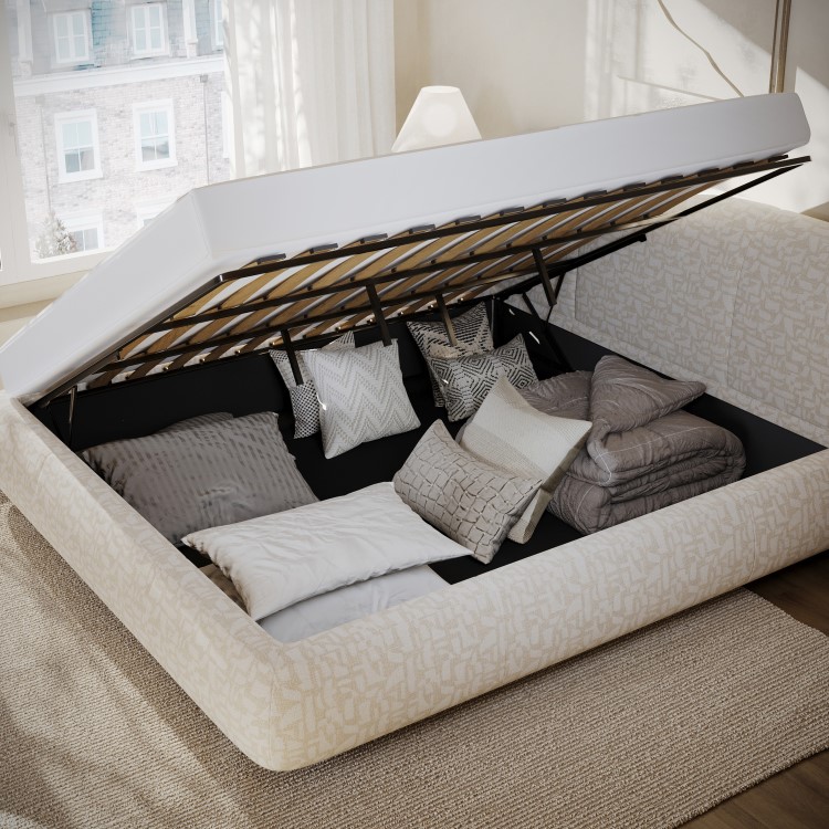 Cream Jacquard Fabric Super King Side-Lift Ottoman Bed with Cushioned Headboard - Ciara