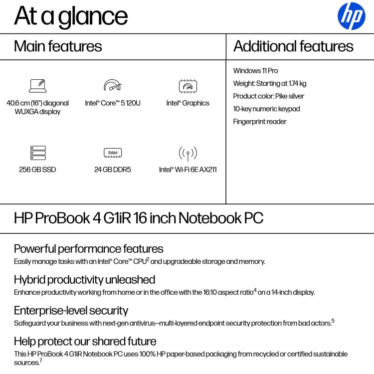 HP ProBook 4 G1iR Intel Core 5 24GB RAM 256GB SSD 16 Inch Windows 11 Pro Laptop