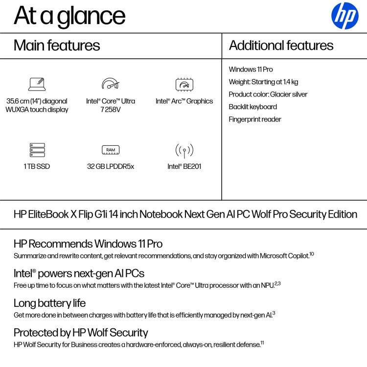 HP EliteBook X Flip G1i Intel Core Ultra 7 32GB RAM 1TB SSD 14 Inch Windows 11 Pro Laptop