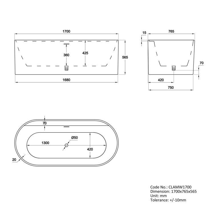 ALMOST PERFECT - Freestanding Double Ended Matt White 1700 x 765mm Bath with Ledge - Clara