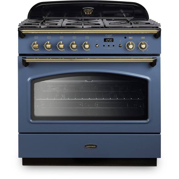 Rangemaster Classic 90cm Dual Fuel Range Cooker - Stone Blue & Brass