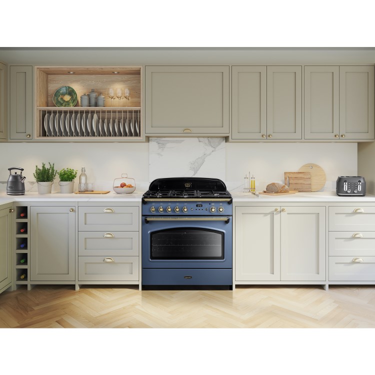 Rangemaster Classic 90cm Dual Fuel Range Cooker - Stone Blue & Brass