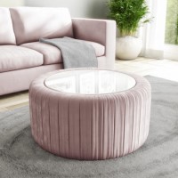 Pink Velvet Ottoman Storage Pouffe with White Glass Top - Coffee Table - Clio 