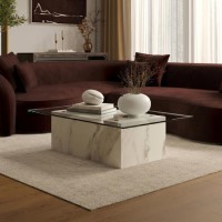 Large Rectangular Glass and White Marble Effect Coffee Table - Celine