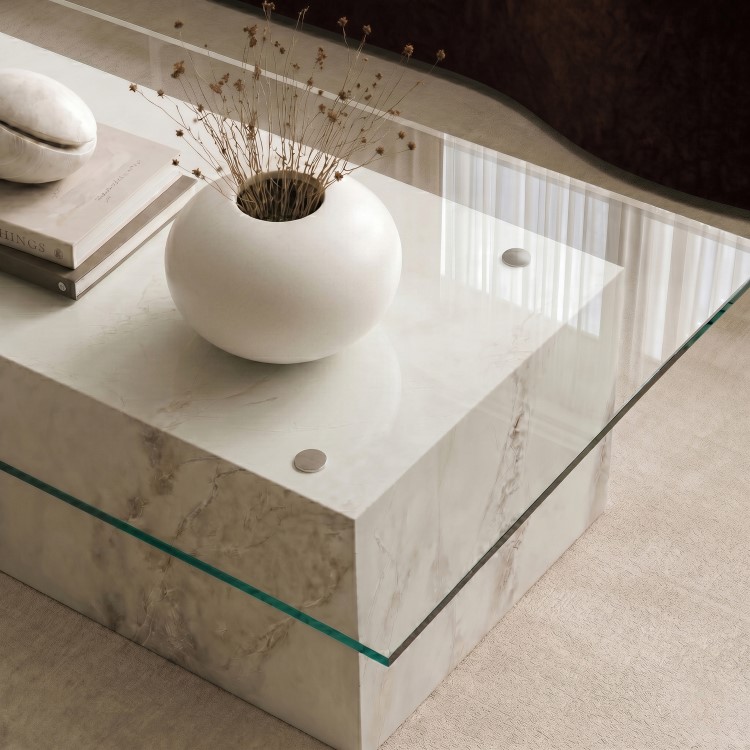 Large Rectangular Glass and White Marble Effect Coffee Table - Celine