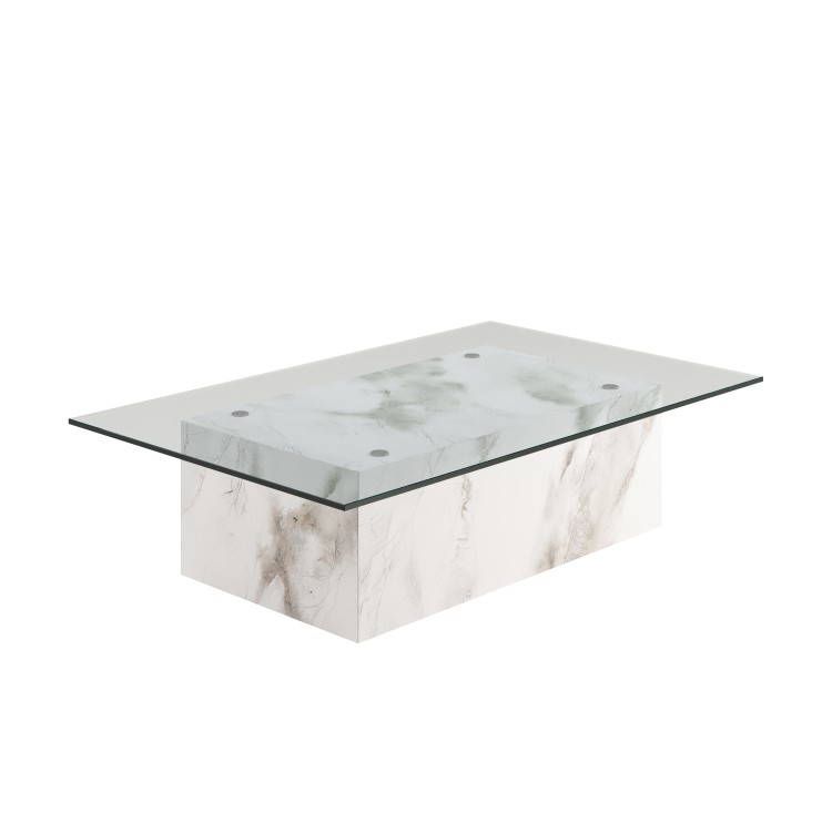 Large Rectangular Glass and White Marble Effect Coffee Table - Celine