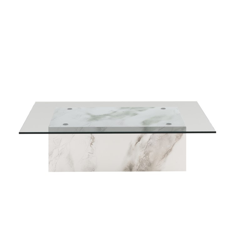 Large Rectangular Glass and White Marble Effect Coffee Table - Celine