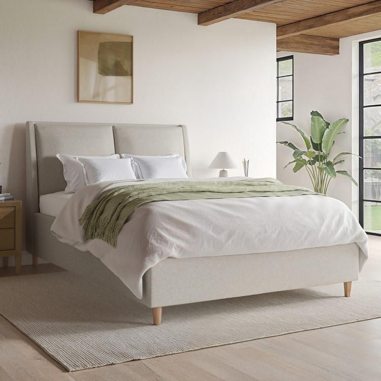 Beige Upholstered Double Ottoman Bed with Pillow Headboard- Clifton