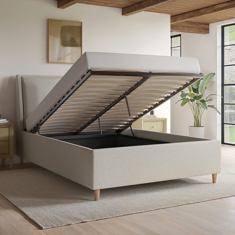Beige Upholstered Double Ottoman Bed with Pillow Headboard- Clifton
