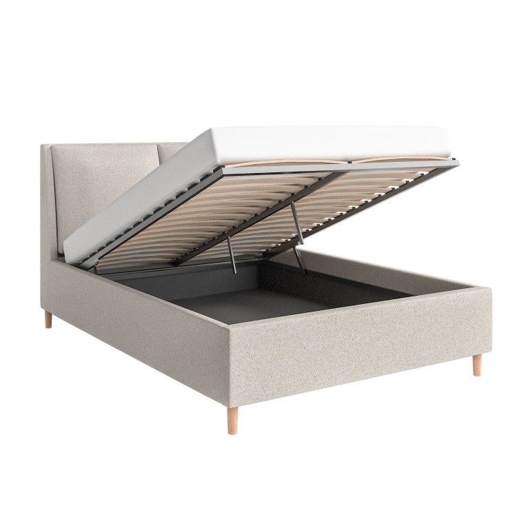 Beige Upholstered Double Ottoman Bed with Pillow Headboard- Clifton