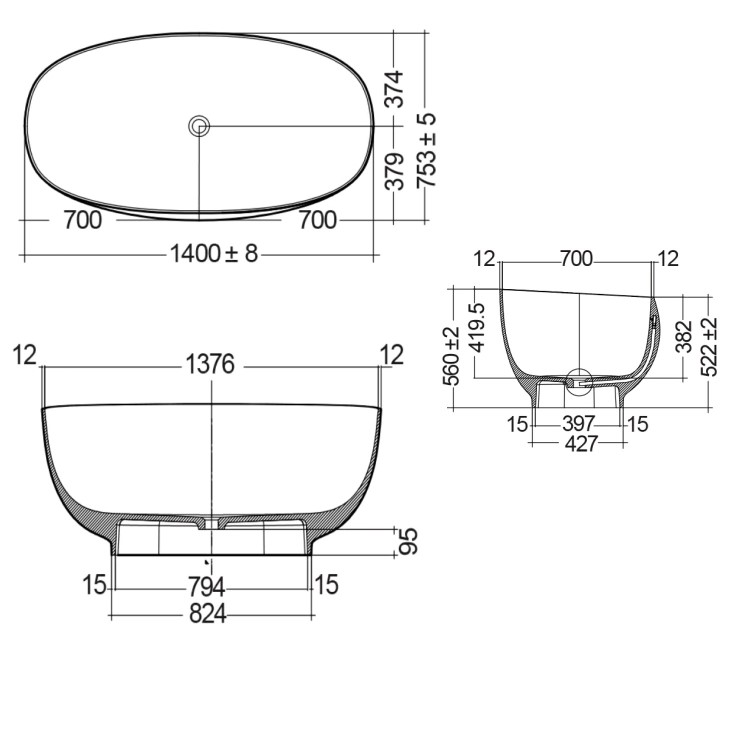 Grey Freestanding Double Ended Bath 1400 x 700mm - RAK Ceramics