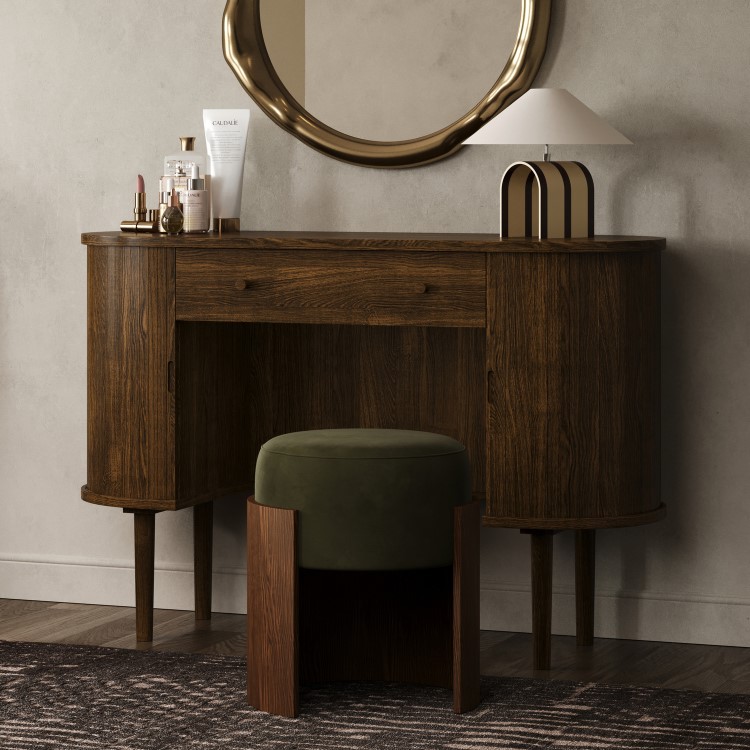 Green Upholstered Bedroom Stool With Curved Walnut Base - Clover