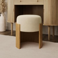 Cream Upholstered Bedroom Stool With Curved Oak Base - Clover