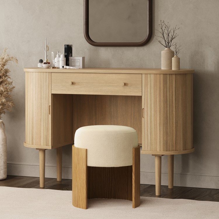 Cream Upholstered Bedroom Stool With Curved Oak Base - Clover