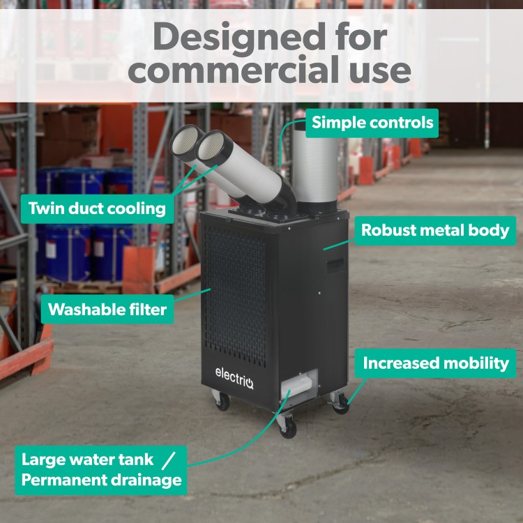 Refurbished electriQ 12000 BTU Portable Commercial Air Conditioner for up to 30 sqm areas - Heavy Duty Metal Body
