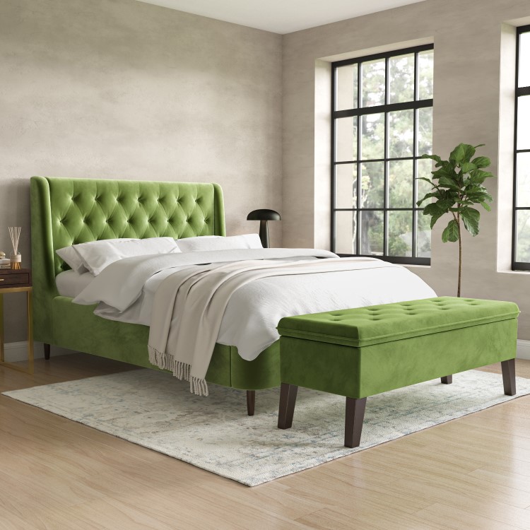 Cushioned End-of-Bed Ottoman Storage Bench in Green Velvet - Cameron