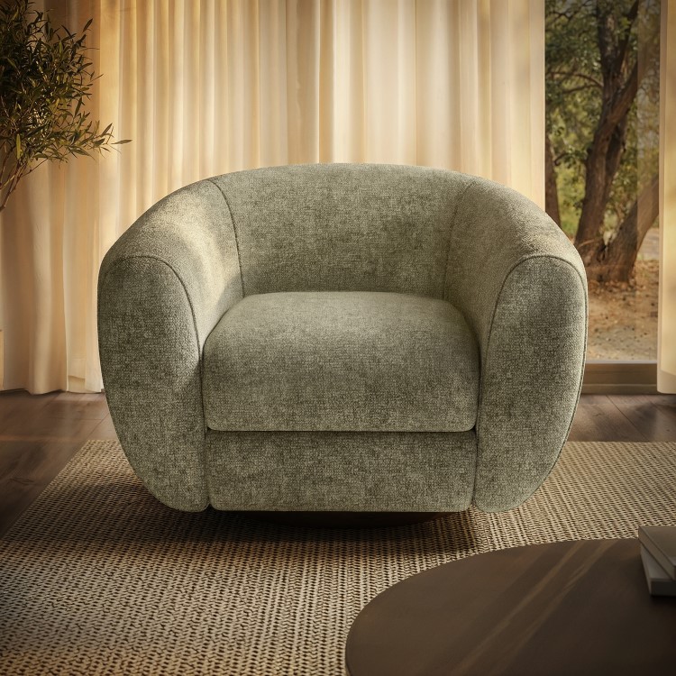 Sage Green Chenille Round Swivel Armchair - Celine