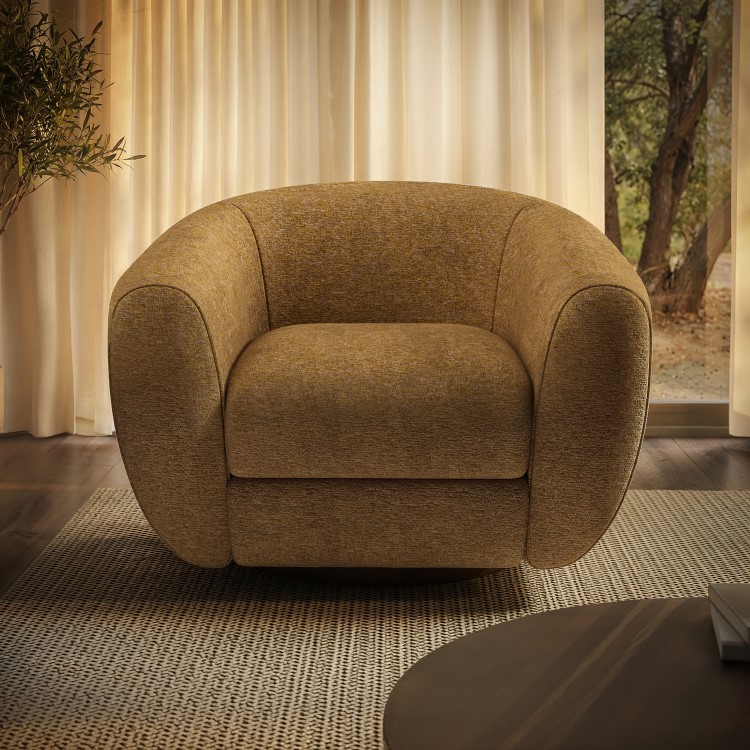 Caramel Brown Chenille Round Swivel Armchair - Celine