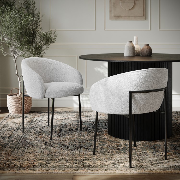 Set of 2 White Boucle Upholstered Dining Chairs - Cora